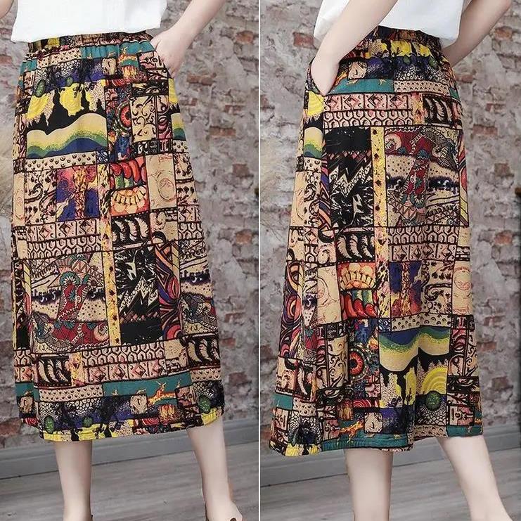 Women Summer Large Size Printed Lantern Skirt In Spring and Summer Loose High Waist A-line Vintage Elastic Casual Long Skirt