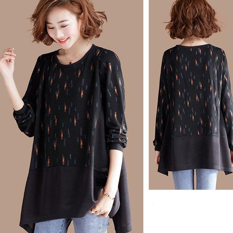 Women Casual Long Sleeve Round Neck printing T-Shirt Fall Vintage Loose Tee Tops Pullover