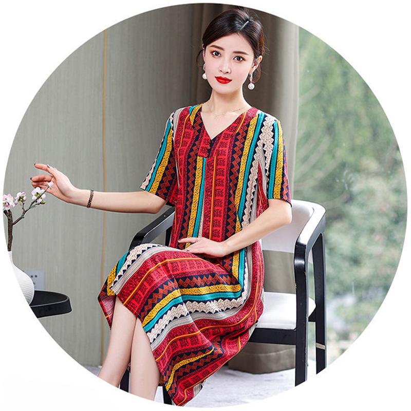 Loose Plus Size XL-XXXXXL Cotton Short-sleeved A-line V-neck Ruffle Dress Summer Printing Calf-length Skirt