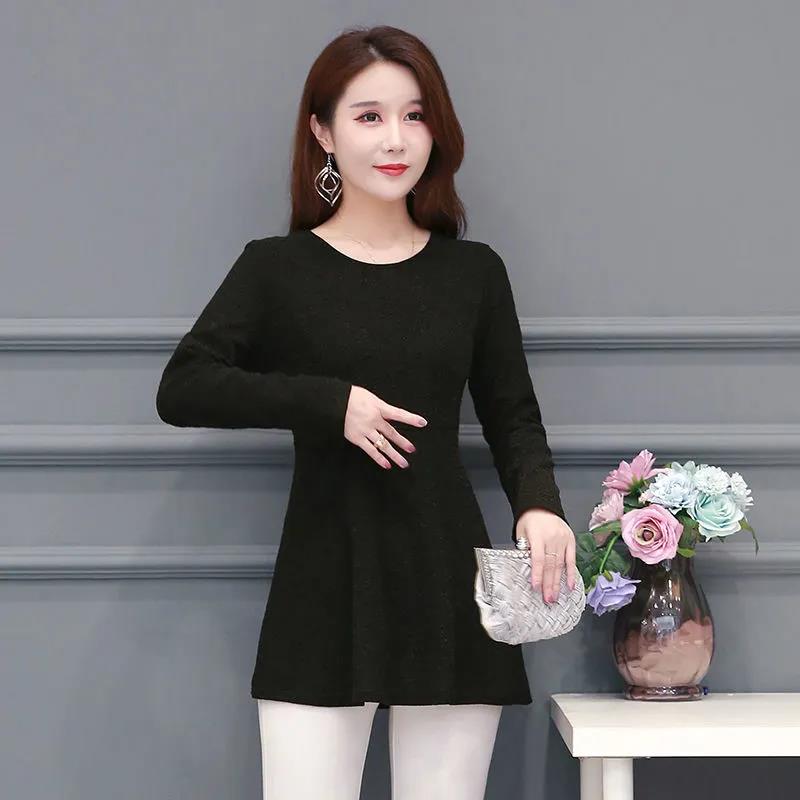 Women's Spring and Autumn Long-sleeved Top Large Size Waist Round Neck Printed Top