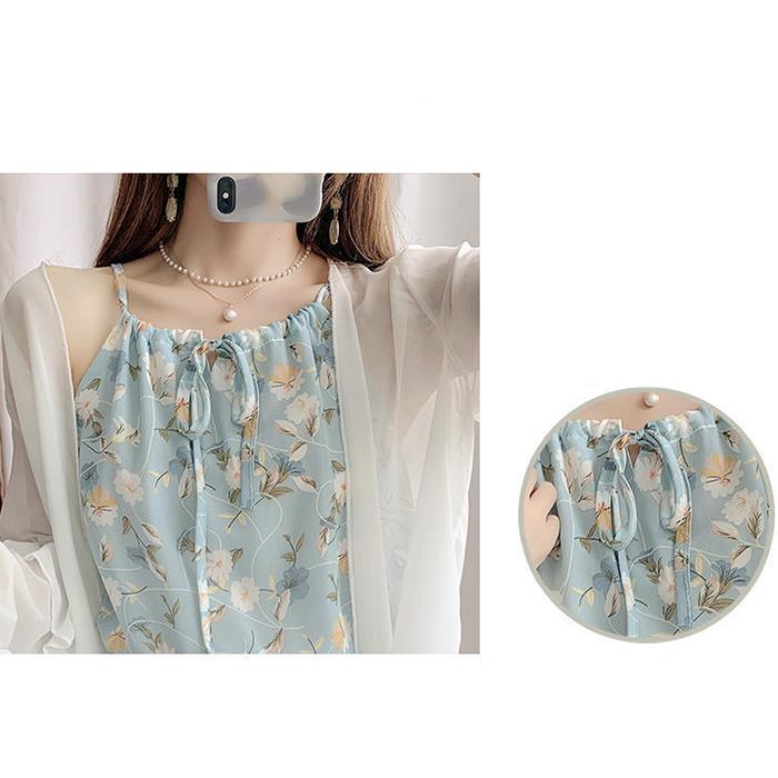 Women Sweet Floral Skirt Sling Dress Chiffon Beach Vacation Sleeveless Elastic Waist Long Skirt