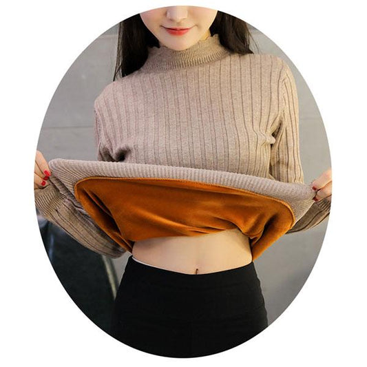 Women  Fleece Sweater Autumn and Winter Warm Knit Sweater Thick High Neck Pullover Sweater Stretch Slim Bottoming Shirt