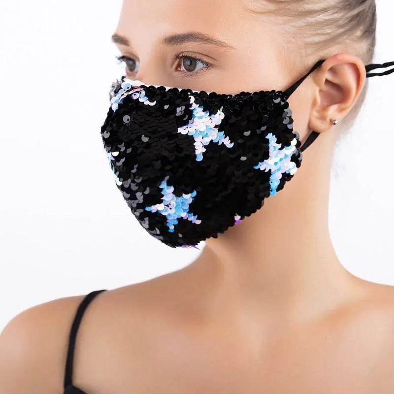 Women's Five-pointed Star Sequined Mask Cotton Breathable Washable Mask Shiny Sequins Luxury Windproof Dustproof Face Mask Female Face Mouth Cover