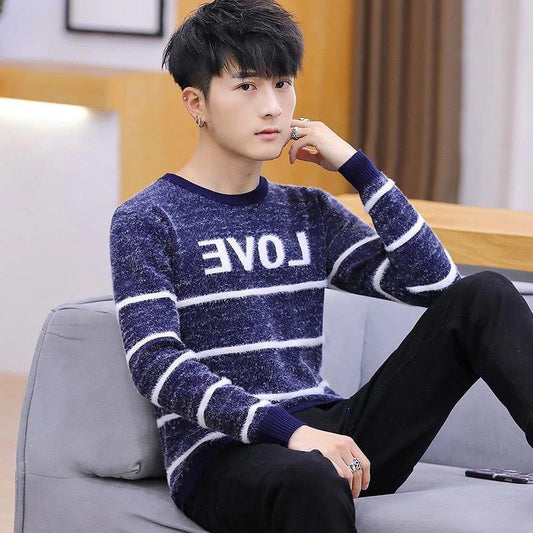 Fall/winter Men's Pullover Low-neck Casual Character Jacket Long-sleeved Striped Splicing Color Top