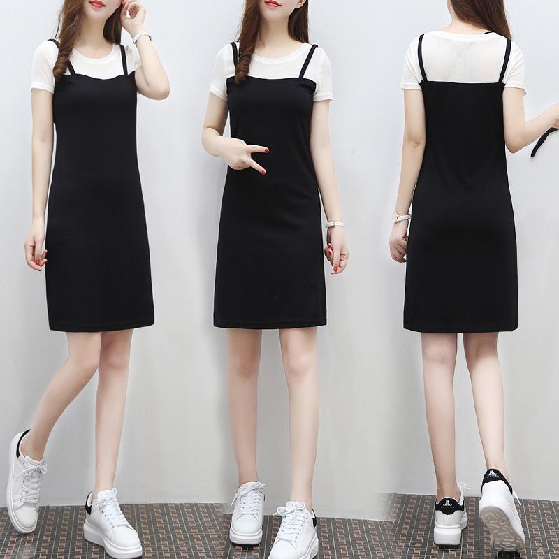Summer Short-sleeved Stitching In Long Paragraph Fake Two-step Skirt Strap Slim Dress
