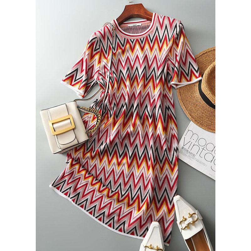 Sweet Colorful Diamond-shaped Dress Women's Round Neck Thin Mid-length Bag Hip Straight Dress Summer Loose Geometric Printing Dress