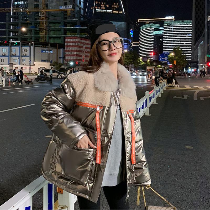 Women's Winter Korean Style Loose Quilted Coat Warmth and Thick Stand-up Collar Down Jacket Women's Bright Surface Regular Down Jacket with Fur Collar