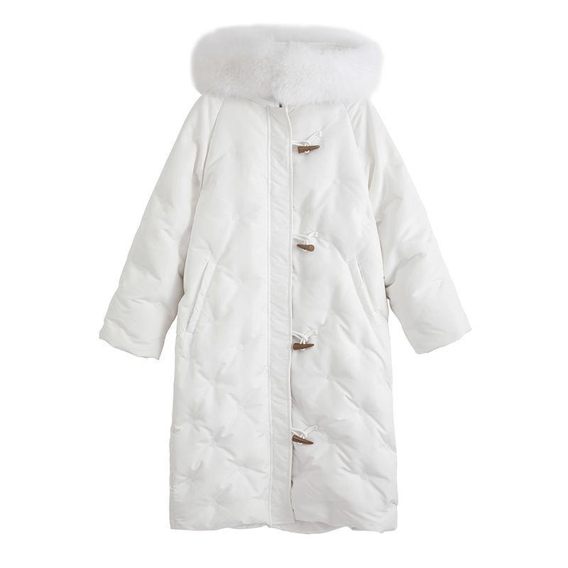 Fluffy Big Fur Collar Hooded White Duck Down Down Jacket Women's Mid-length Loose Women's Winter Thick Coat Button Design Winter Jacket