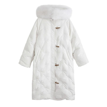 Fluffy Big Fur Collar Hooded White Duck Down Down Jacket Women's Mid-length Loose Women's Winter Thick Coat Button Design Winter Jacket