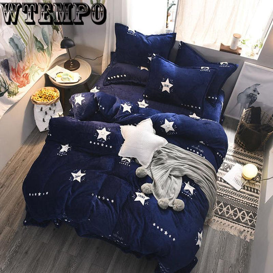 4pcs Star/cartoon Pattern Quilt Cover Warm Thick Cotton Soft Bed Sheet King Size Reactive Printing Bedspread
