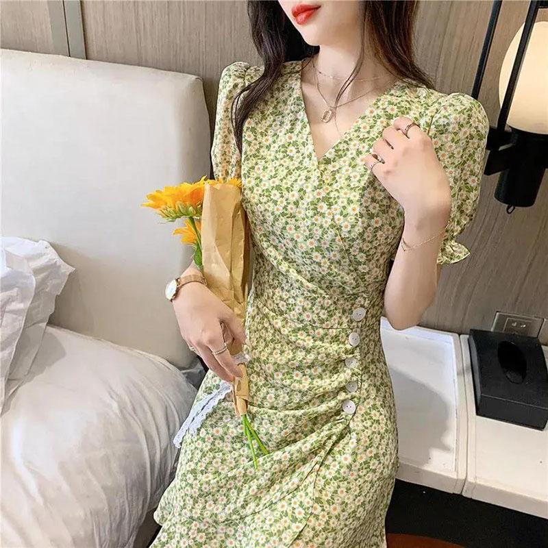 Women's Summer Floral Dress V-neck Slim Puff Sleeve Skirt