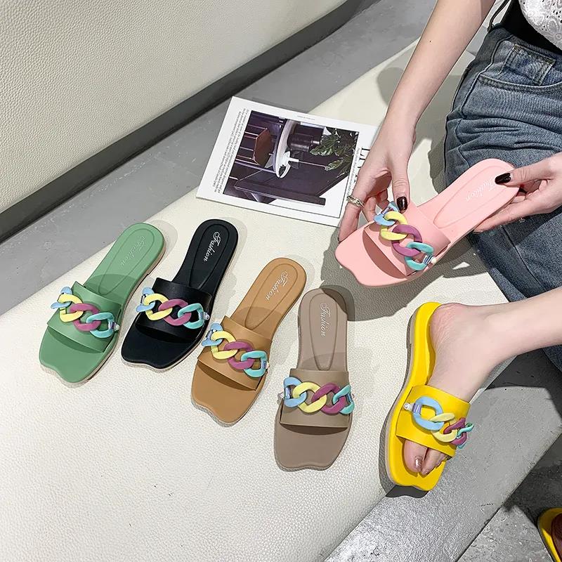 Color Slippers Women's Outer Wear Beach Shoes Non-slip Flat Slippers Women's Soft and Comfortable Simple Slippers