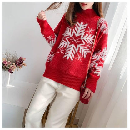 High Neck Sweater Women Thick Warm Autumn and Winter Loose Wild Sweater Christmas Day Wear