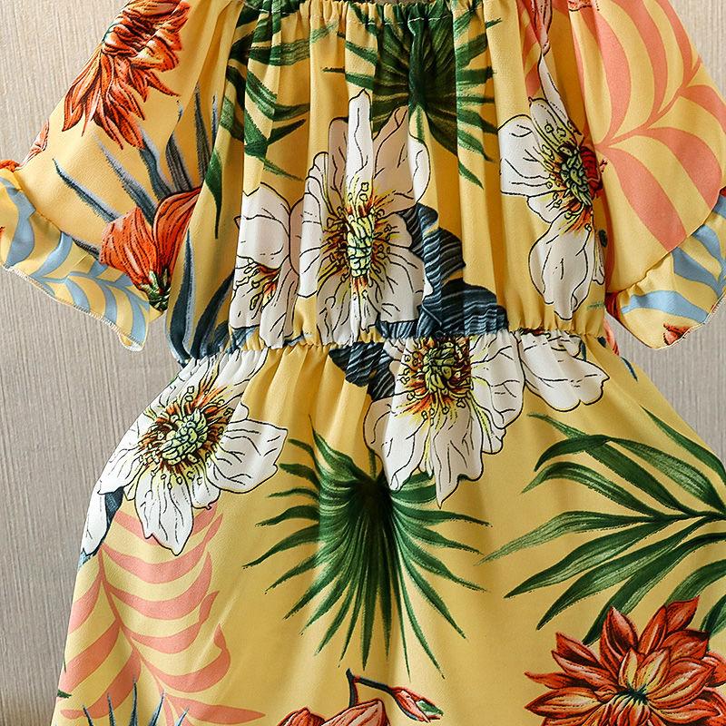 Girls Printed Sweet Chiffon Dress Waist 1-7 Years Old Lady Princess Skirt Loose A-line Skirt Fabric Light and Breathable