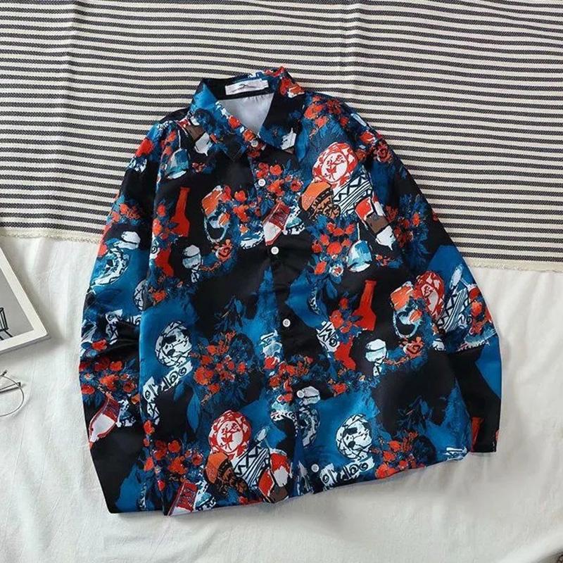 Korean Version of The Niche Designer Retro Printing Loose Paper Piece Chic Long-sleeved Shirt Men's Fashion Casual Flower Shirt