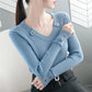Thin V-neck Sweater Women's Autumn and Winter Long-sleeved Buttons and Wooden Ears Knitted Bottoming Shirt with Temperament Blouse Women