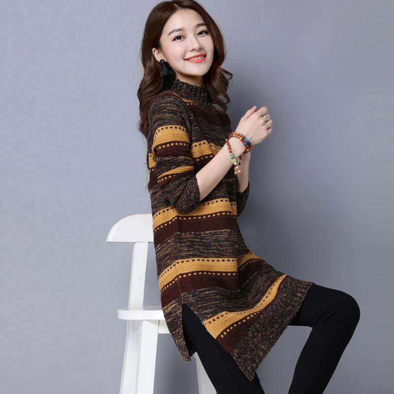 Autumn and Winter Thick Korean Version of The Hood Loose Striped Half High Neck Mid-length Floral Line Sweater Women's Large Size Base Sweater