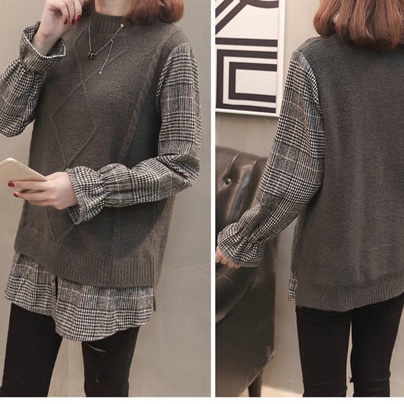 Spring and Autumn Stitching Flared Sleeve Top Loose Plaid Pullover Sweater Fashion Casual Sweater Women