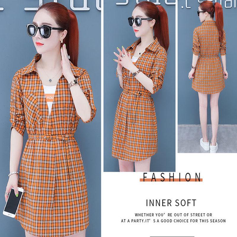 Pofulove Summer dress plus size women's plaid dress slim short sleeve shirt dress with pocket