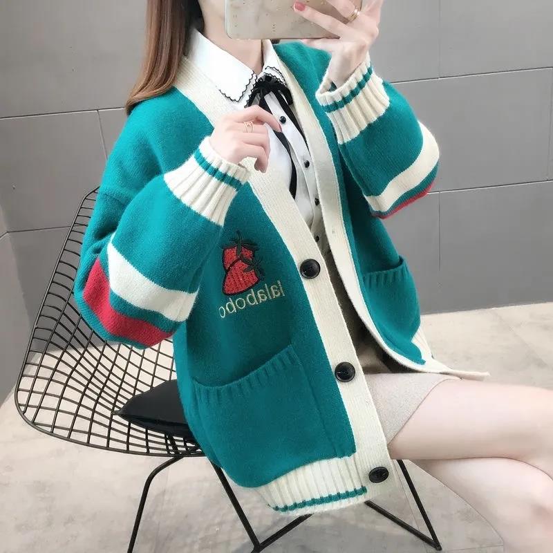 Women's Knitted Cardigan Sweater Loose Spring and Autumn Style Lazy Wind Sweater Coat