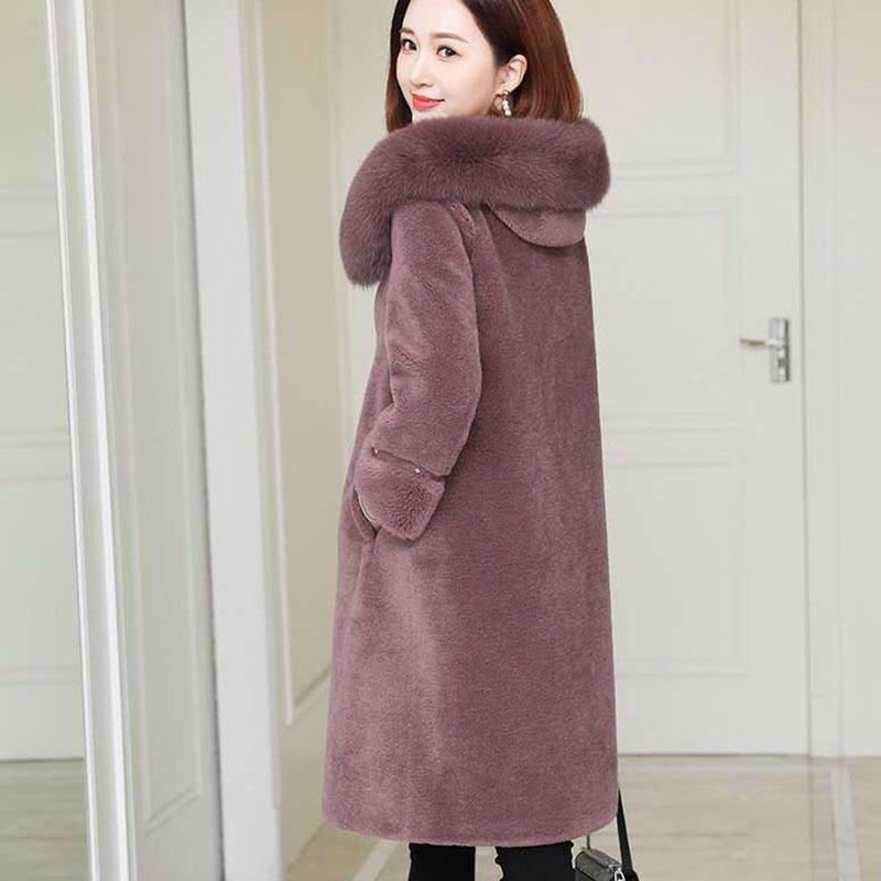 Real Fox Fur Collar Particle Sheep Shearing Female Mid-length Fur with Haining Fur Thickening Warm Jacket