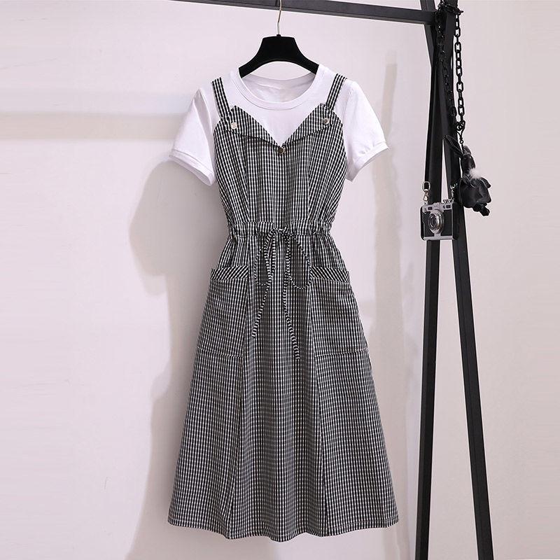 Women Summer Dress Mid-length Plaid Stitching Fake Two-piece Dress Female party Plus Size Dress with Pockets