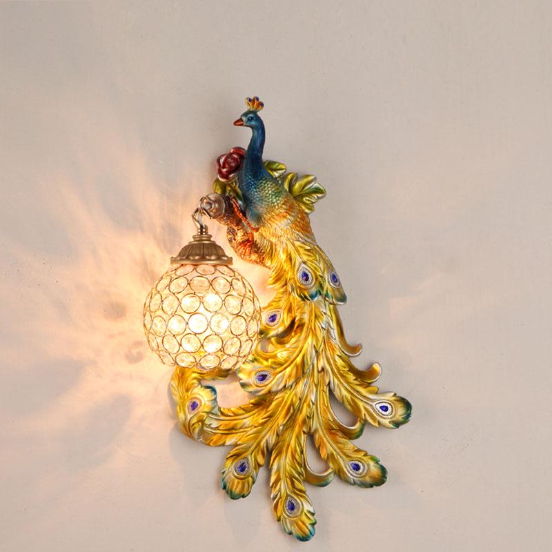 Retro peacock crystal LED wall lamp living room background bedroom bedside peacock phoenix wall lamp