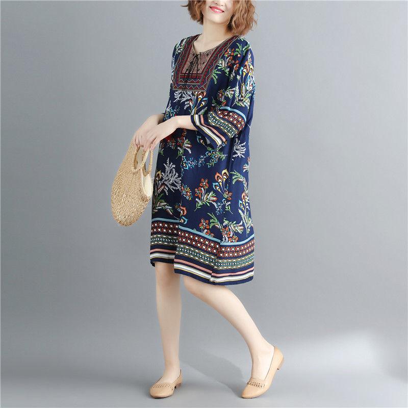 Printing  M-XXXL Printed Round Neck Dress Women Loose Plus Size Summer Polyester Short-sleeved Knee-length A-line Dress