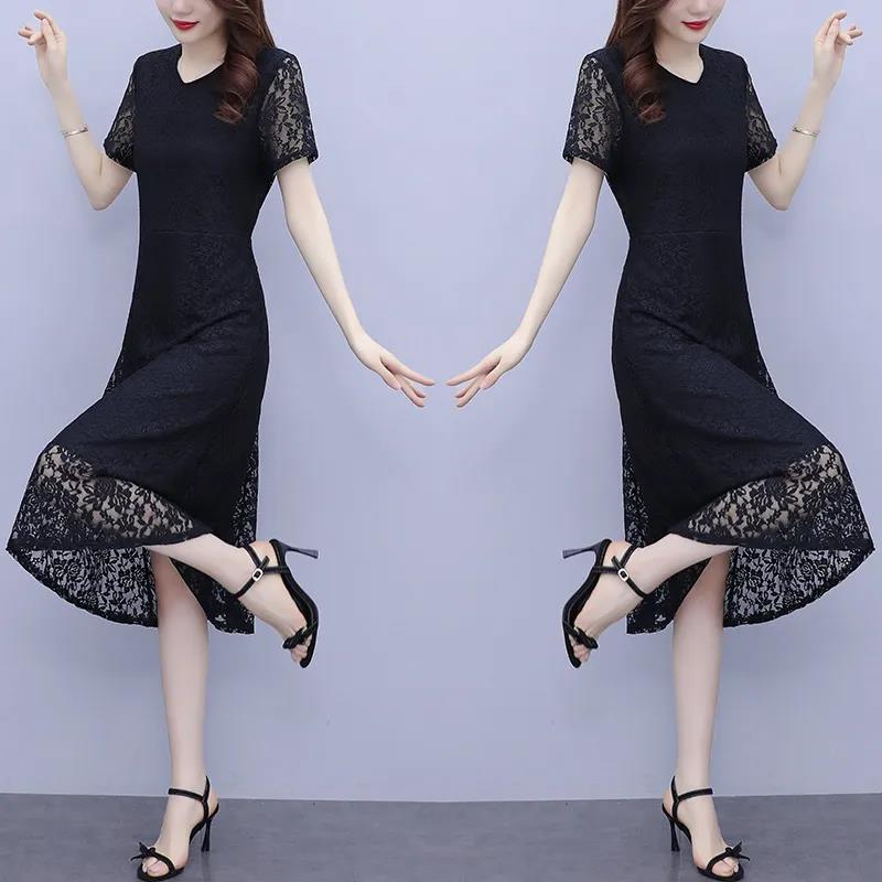 Women's Summer Short Sleeve Lace Dress Slim Round Neck A-Line Over Knee Dress