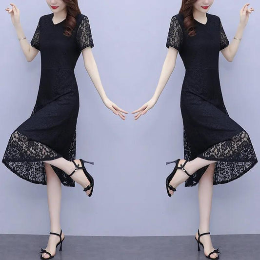 Women's Summer Short Sleeve Lace Dress Slim Round Neck A-Line Over Knee Dress