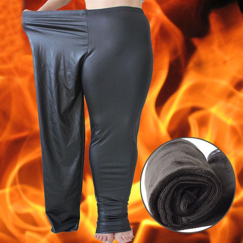 Large Size Faux Leather Pants Fashion High Waist Slimming Warm Pants Plus Velvet Thickening Women's Winter Leggings