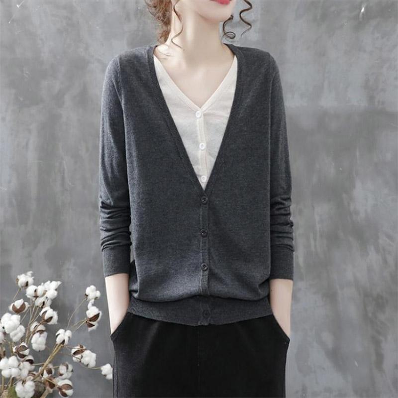 Splicing Fake Two-piece Knitted Sweater Women's Casual Cotton Cardigan Jacket Retro Literary