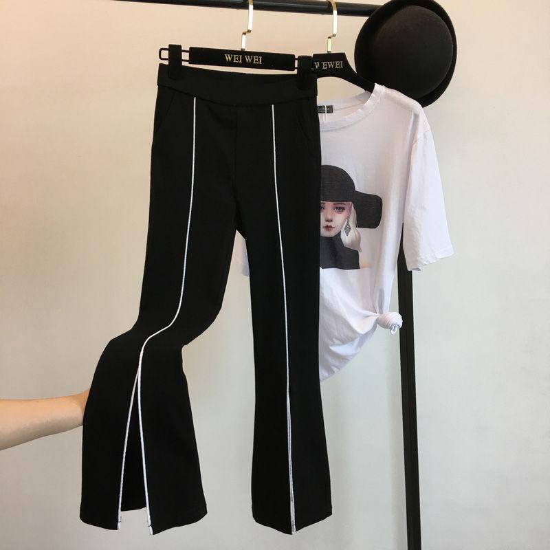 Spring and Autumn Women's Pants Casual Elastic Waist Look Thin and Contrast Three-dimensional Slim Stretch Flared Pants with Slits