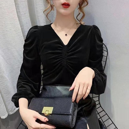 Spring and Autumn Long-sleeved T-shirt Women's V-neck Top Loose All-match Bottoming Shirt