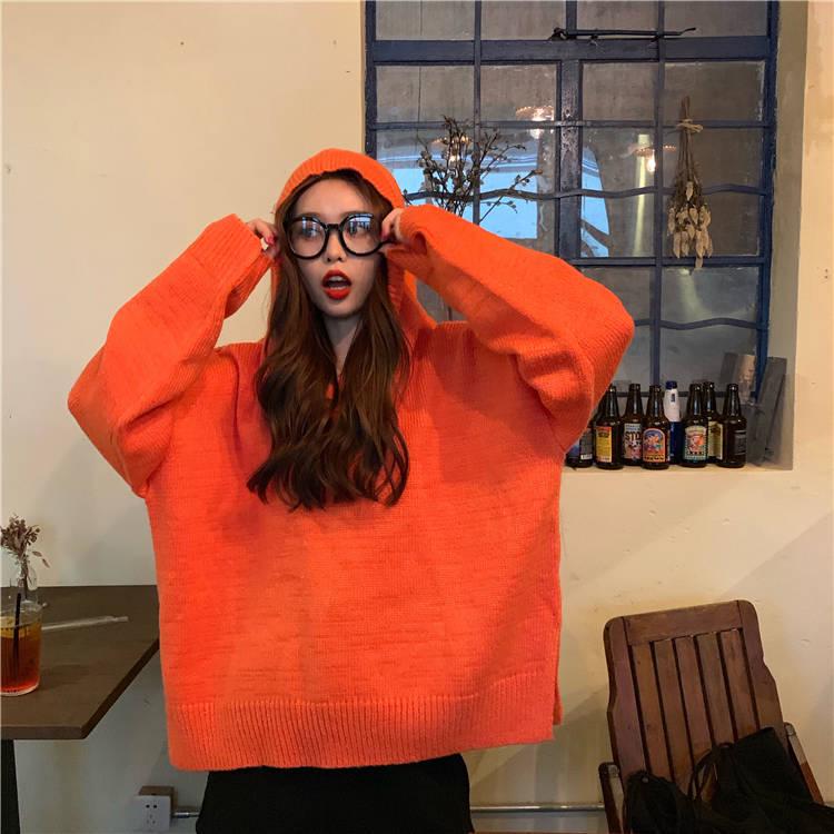 Pofulove Sweater Female Students  Loose Long-sleeved Knitted Winter New Candy-colored Hooded