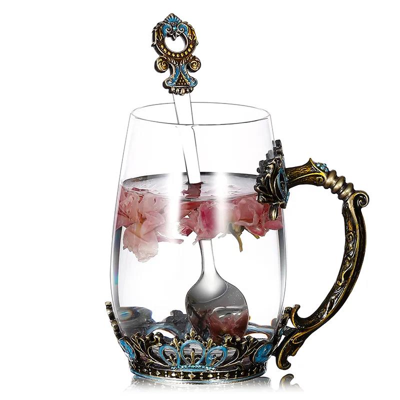 Retro Enamel Color Water Cup Flower Teacup Personality Trend Glass Female Teacup Creative Home Coffee Cup with Lid Spoon