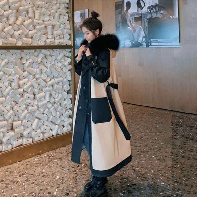 Women's Solid Color Embroidered Down Jacket Mid-length Korean Style Loose Thick Coat Warm Cotton Coat Large Fur Collar Winter Quilted Jacket