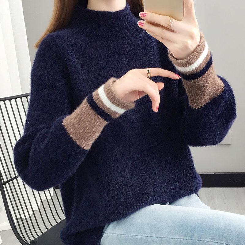 Autumn and Winter Mohair Knitted Sweater Loose Half High Neck Casual Bottoming Shirt Fashion Simple Women's Sweater