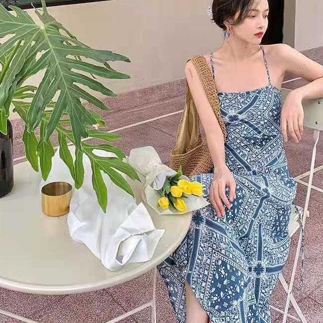 Female Vintage Slim Holiday Dress Elegant Suspender Backless Print Vacation Dress Long Casual A-line Beach Dress