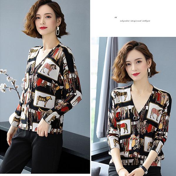 Autumn Winter Women's Knitted Sweater V-neck Bottoming Shirt Fashion Printing Sweater