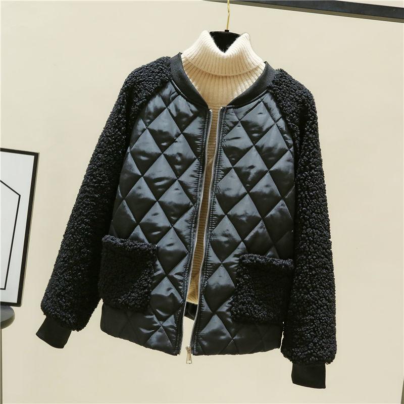 Cotton Jacket Women's Short Korean Version of Loose Lamb-like Wool Stitching Cotton-padded Jacket Small Quilted Jacket Winter Jacket
