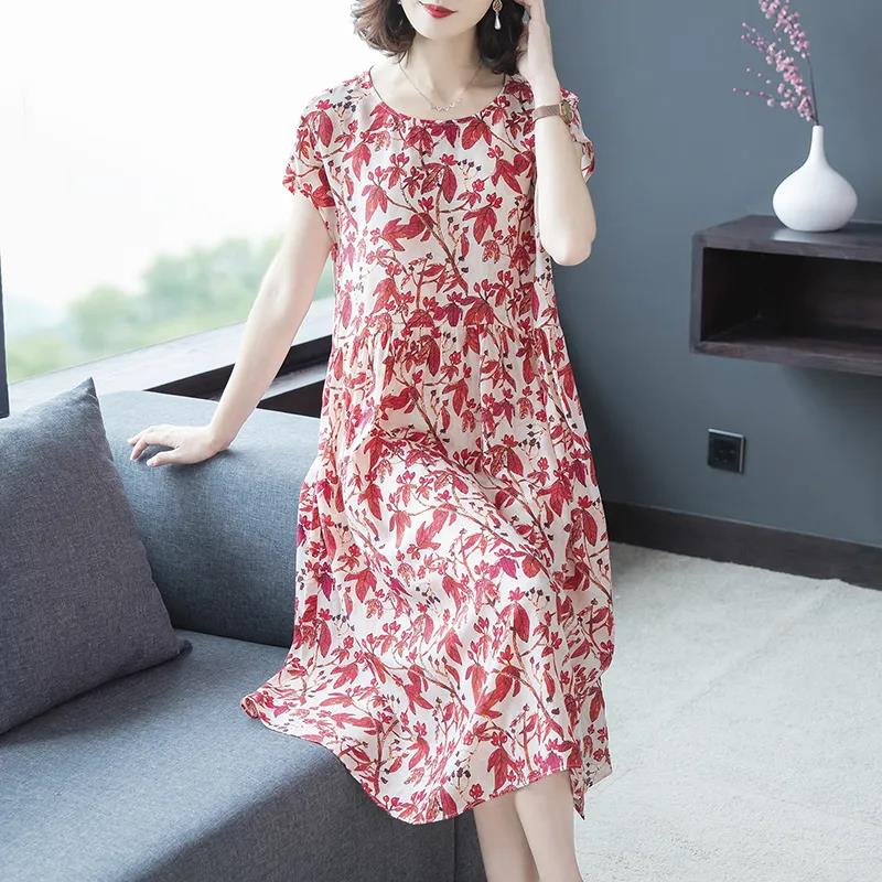 Women's Summer Short Sleeve Mid Length Floral Large Size Dress Slim A-line Skirt