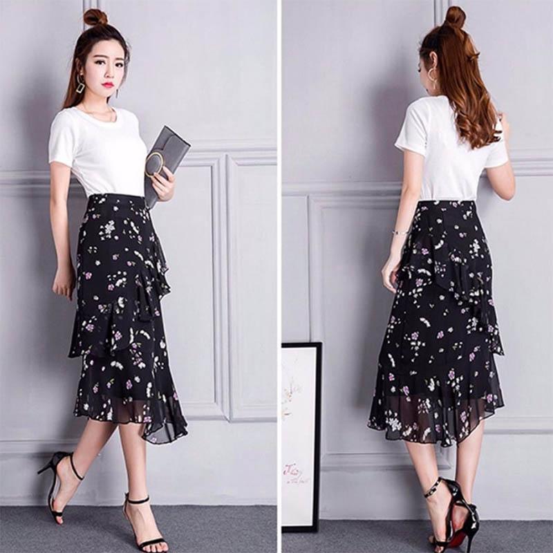 A-line Skirt Floral High Waist Thin Irregular Ruffle Big Wave Chiffon Midi Skirt Elastic Waist Mid-length Skirt
