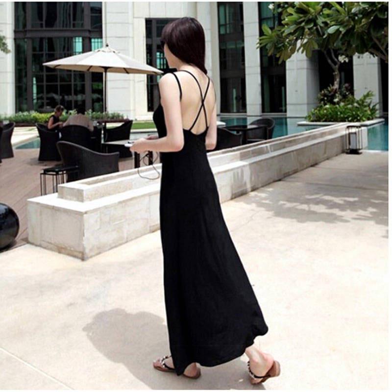 Pofulove Summer Spaghetti Strap Dress backless elastic cotton Long Maxi Dress beach party dress