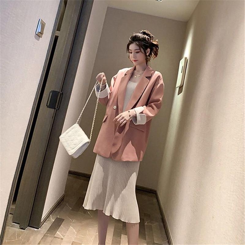 Korean Version   Pink Small Suit Jacket Women's Double-breasted Loose Casual Suit Spring  Autumn