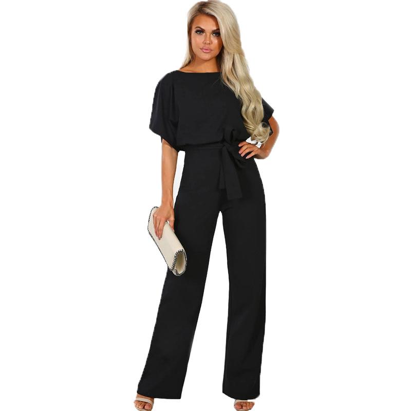 Women Solid Color Jumpsuit Summer Short Sleeve Casual One Piece Romper Lady Slim Long Overalls