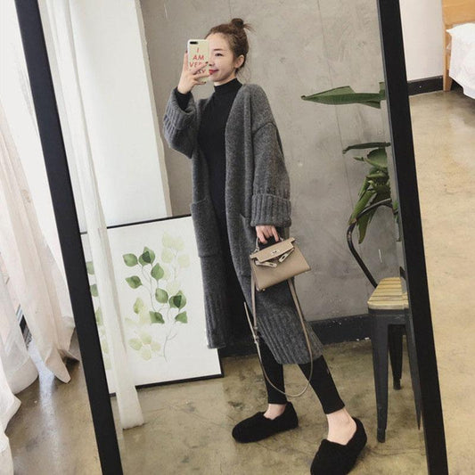 Korean Version of The Spring and Autumn New Women's Casual Loose Loose Slim Mid-length Knitted Cardigan All-match Sweater