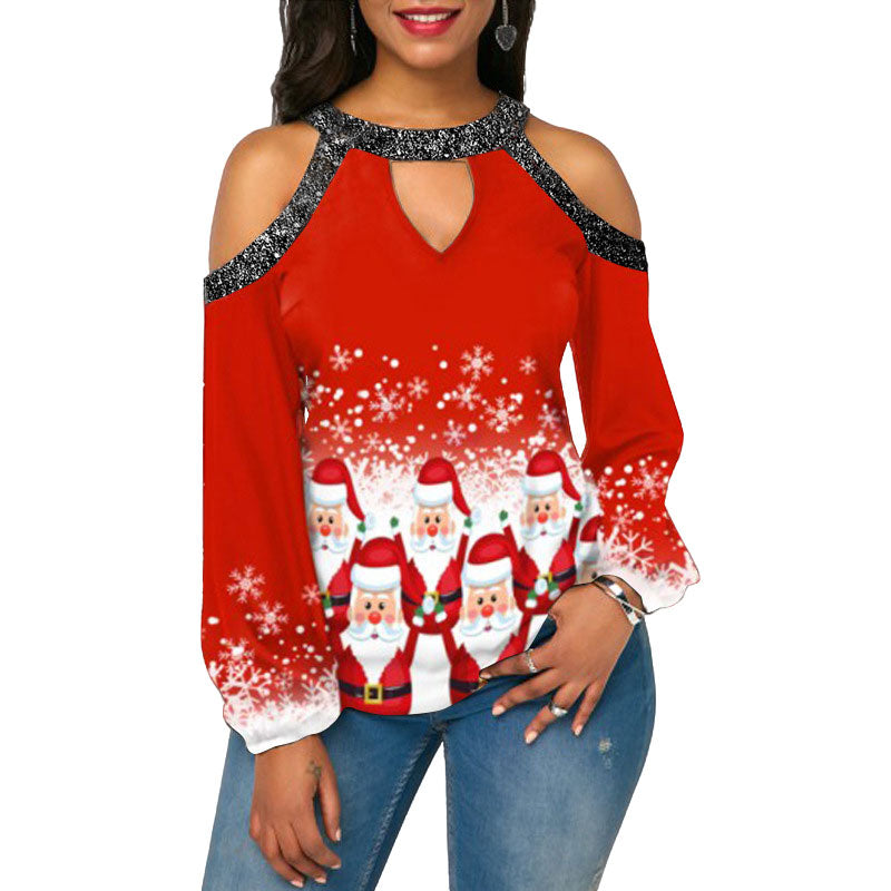 Printed T-shirt Sparkling Stitching Off Shoulder Festival-themed Shirt Women's Long-sleeved Blouse Sexy Halter Streetwear Shirts