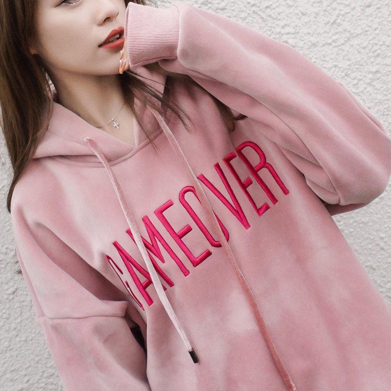 Cotton Women's Sweatshirt Wild Large Size Long Sleeve Warm Hood Top Autumn Winter Sweatshirt