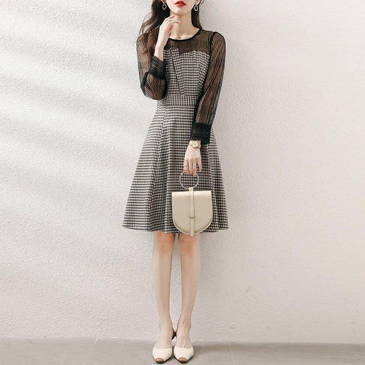 Dress Women's 2021 Spring and Autumn Waist Waist Slimming Plaid A-line Dress